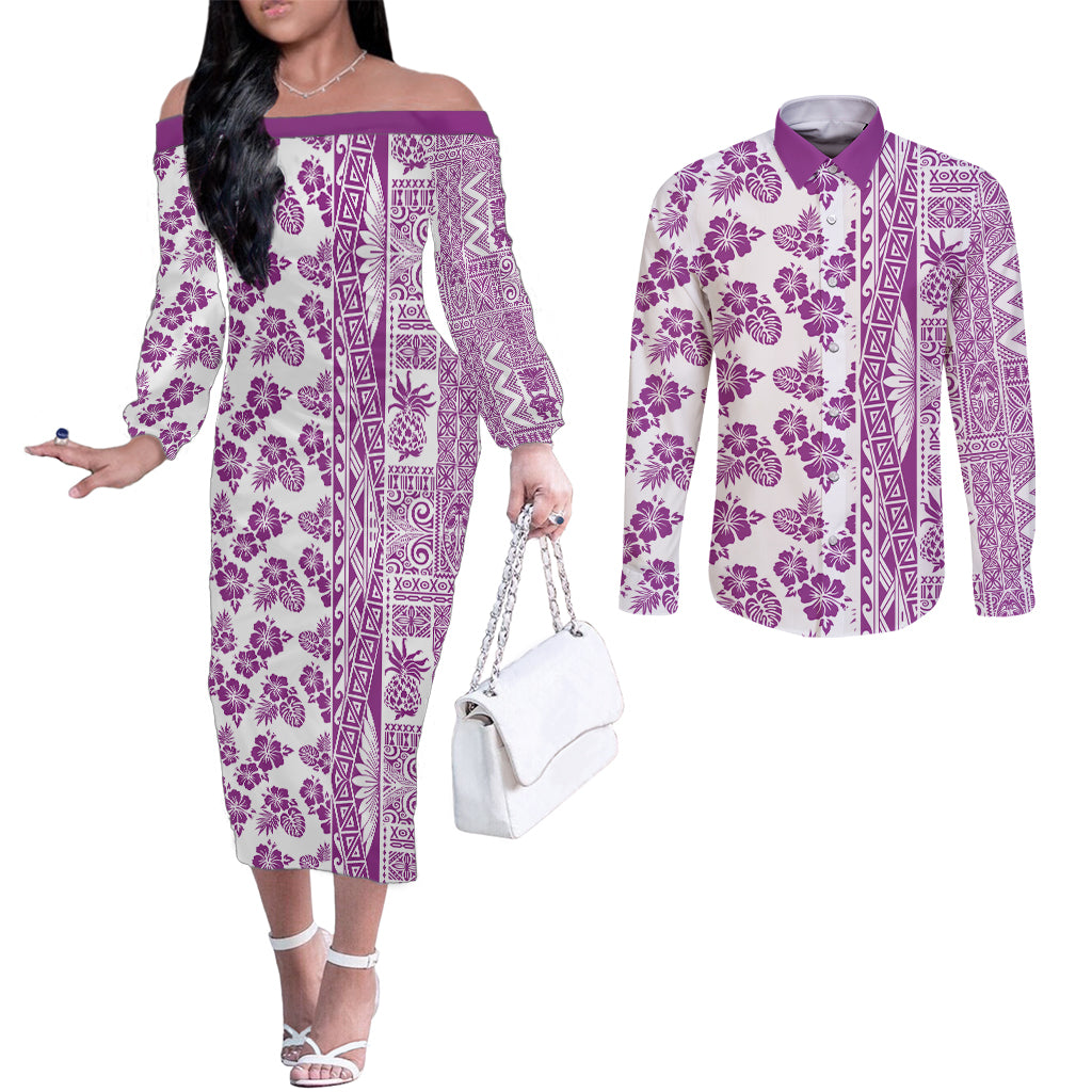 Hawaii Couples Matching Off The Shoulder Long Sleeve Dress and Long Sleeve Button Shirt Aloha Tropical Plants Tribal Pattern Pink Version LT03 Pink - Polynesian Pride