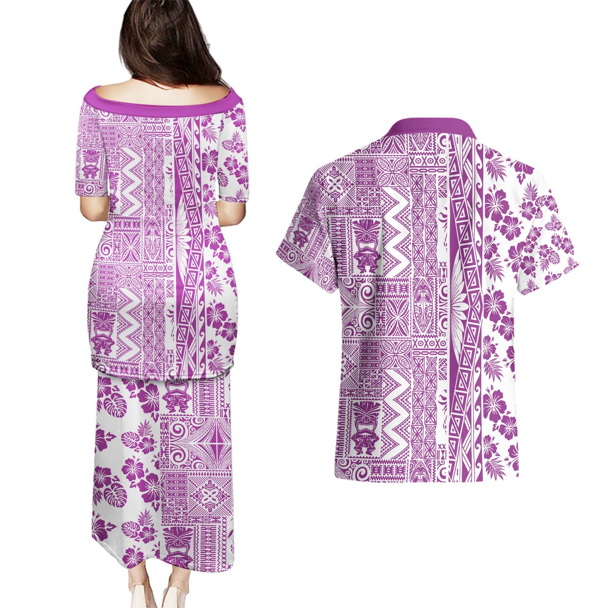 Hawaii Couples Matching Puletasi Dress and Hawaiian Shirt Aloha Tropical Plants Tribal Pattern Pink Version LT03 - Polynesian Pride