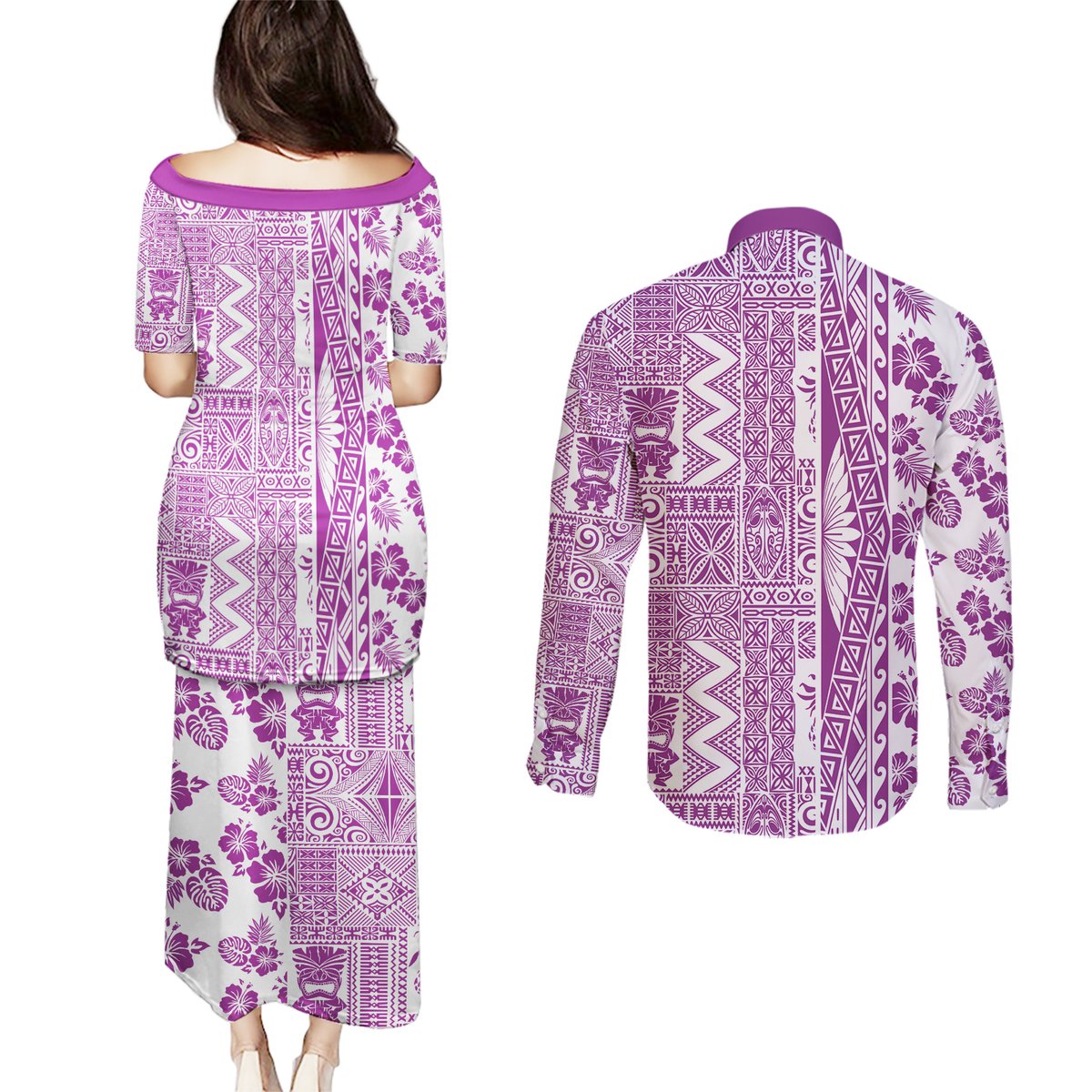 Hawaii Couples Matching Puletasi Dress and Long Sleeve Button Shirt Aloha Tropical Plants Tribal Pattern Pink Version LT03 - Polynesian Pride