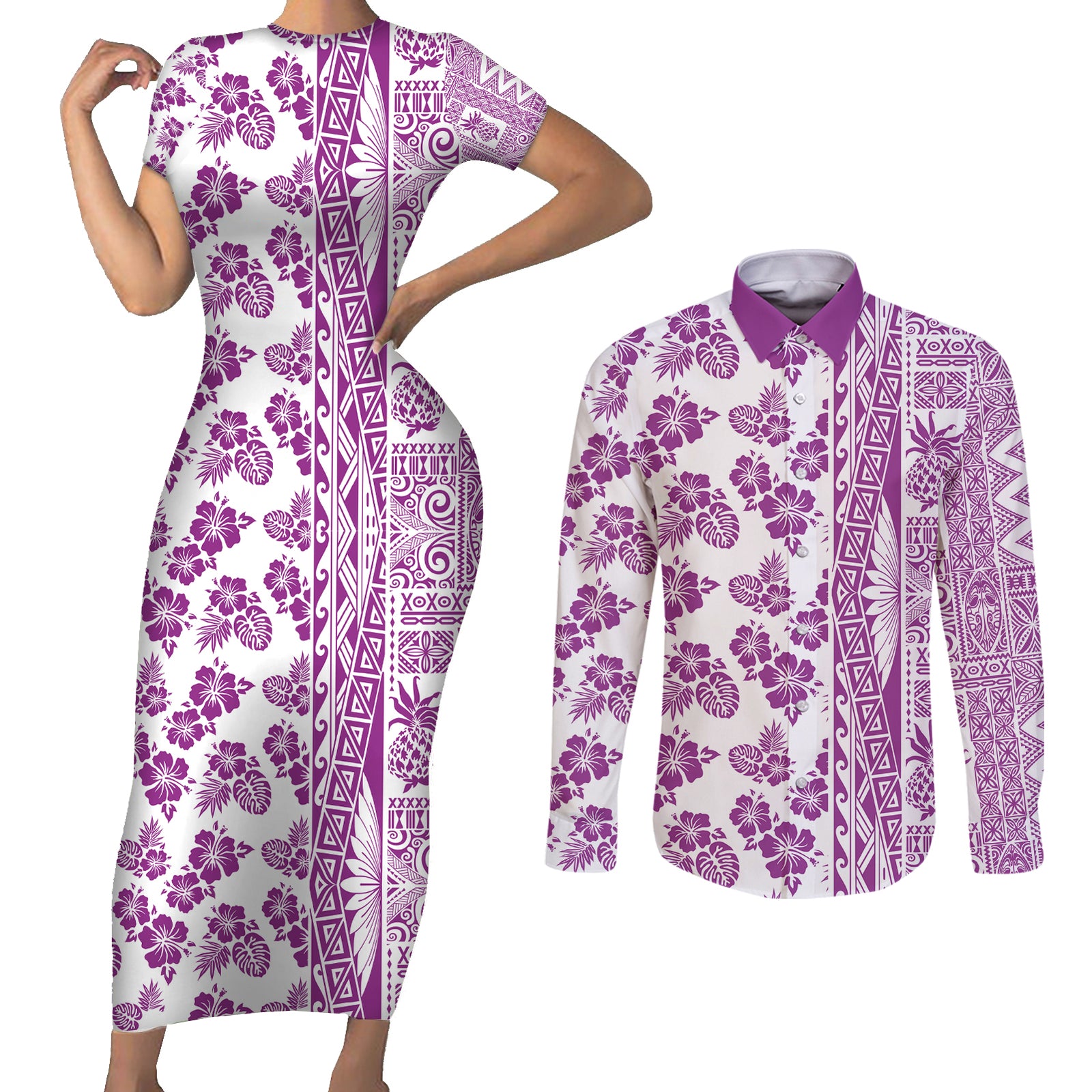 Hawaii Couples Matching Short Sleeve Bodycon Dress and Long Sleeve Button Shirt Aloha Tropical Plants Tribal Pattern Pink Version LT03 Pink - Polynesian Pride