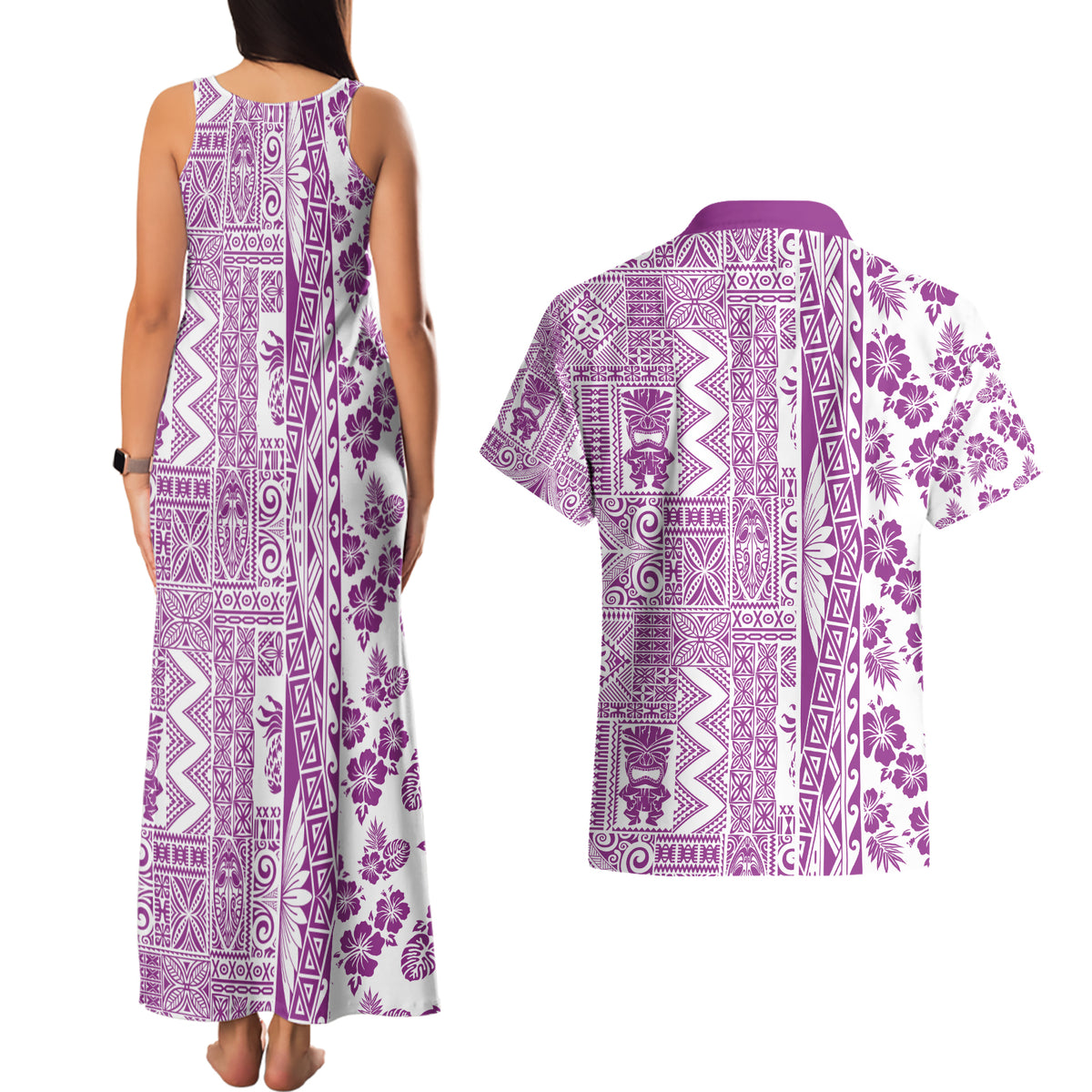 Hawaii Couples Matching Tank Maxi Dress and Hawaiian Shirt Aloha Tropical Plants Tribal Pattern Pink Version LT03 - Polynesian Pride
