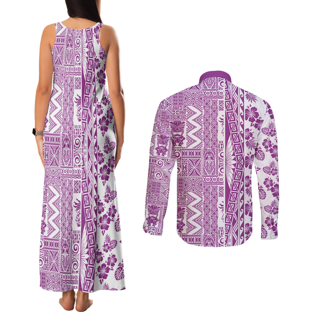 Hawaii Couples Matching Tank Maxi Dress and Long Sleeve Button Shirt Aloha Tropical Plants Tribal Pattern Pink Version LT03 - Polynesian Pride