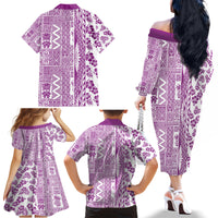 Hawaii Family Matching Off Shoulder Long Sleeve Dress and Hawaiian Shirt Aloha Tropical Plants Tribal Pattern Pink Version LT03 - Polynesian Pride