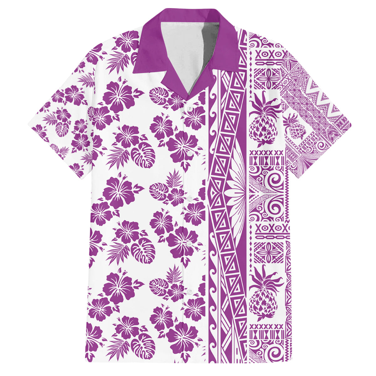 Hawaii Family Matching Off Shoulder Maxi Dress and Hawaiian Shirt Aloha Tropical Plants Tribal Pattern Pink Version LT03 Dad's Shirt - Short Sleeve Pink - Polynesian Pride