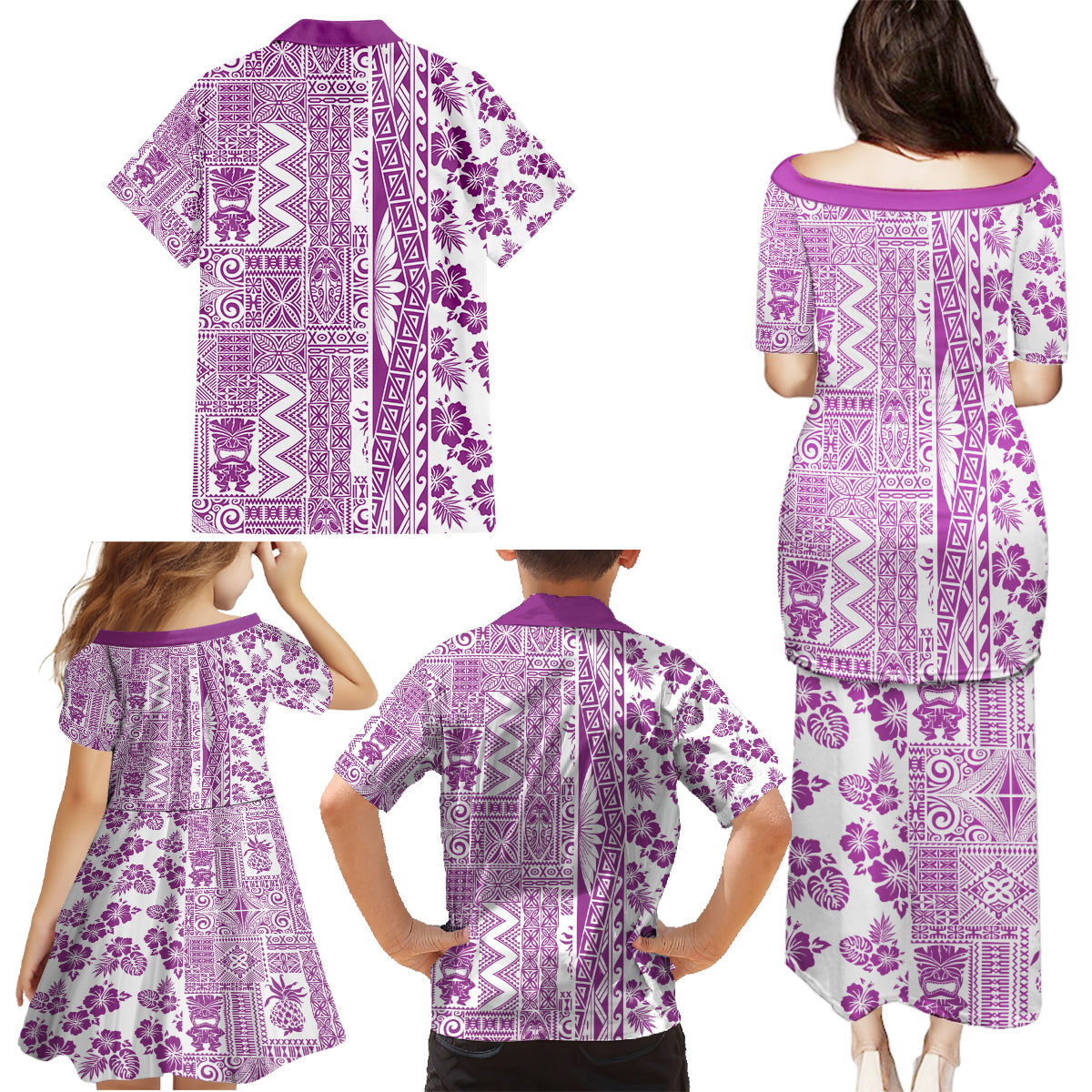 Hawaii Family Matching Puletasi Dress and Hawaiian Shirt Aloha Tropical Plants Tribal Pattern Pink Version LT03 - Polynesian Pride