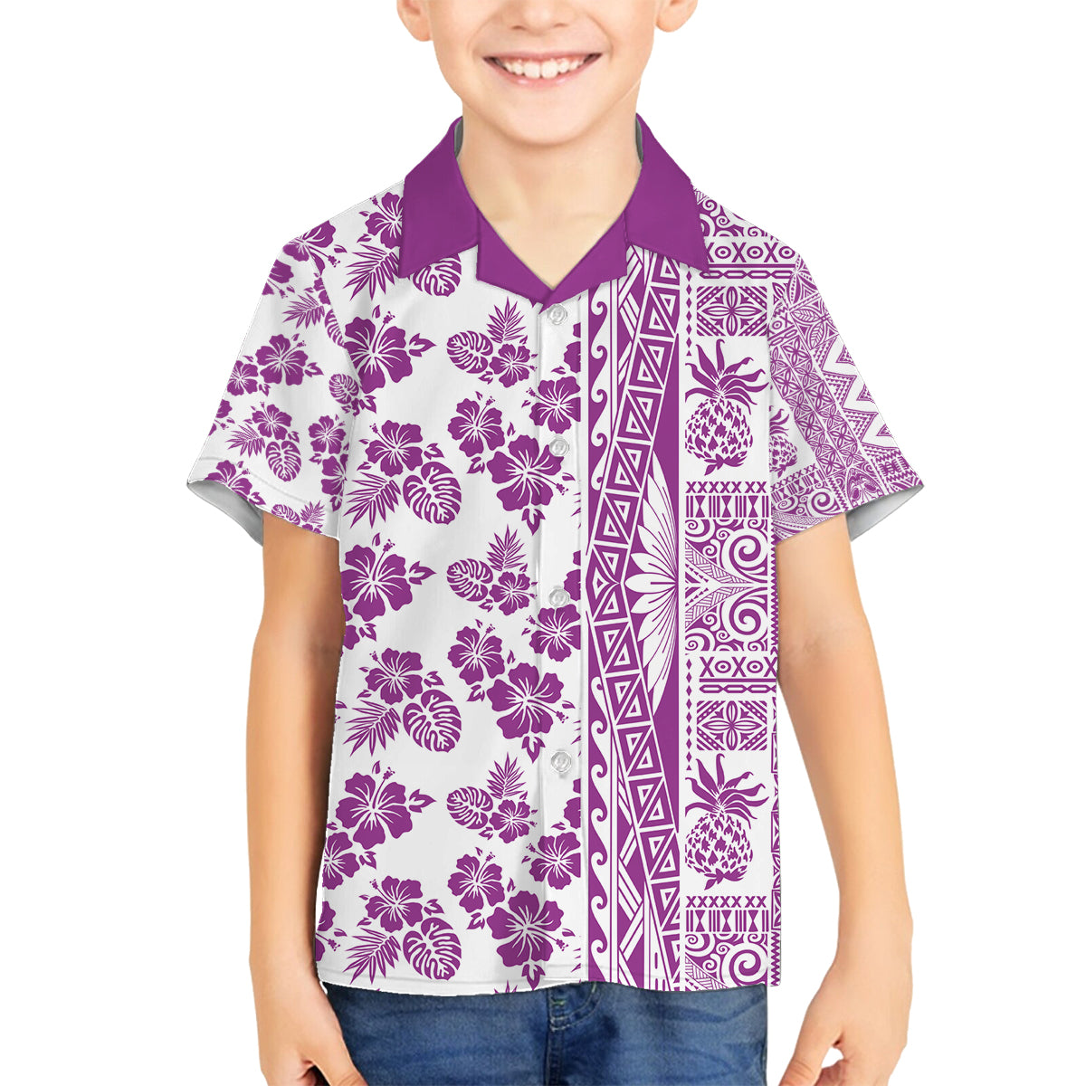 Hawaii Family Matching Puletasi Dress and Hawaiian Shirt Aloha Tropical Plants Tribal Pattern Pink Version LT03 Son's Shirt Pink - Polynesian Pride
