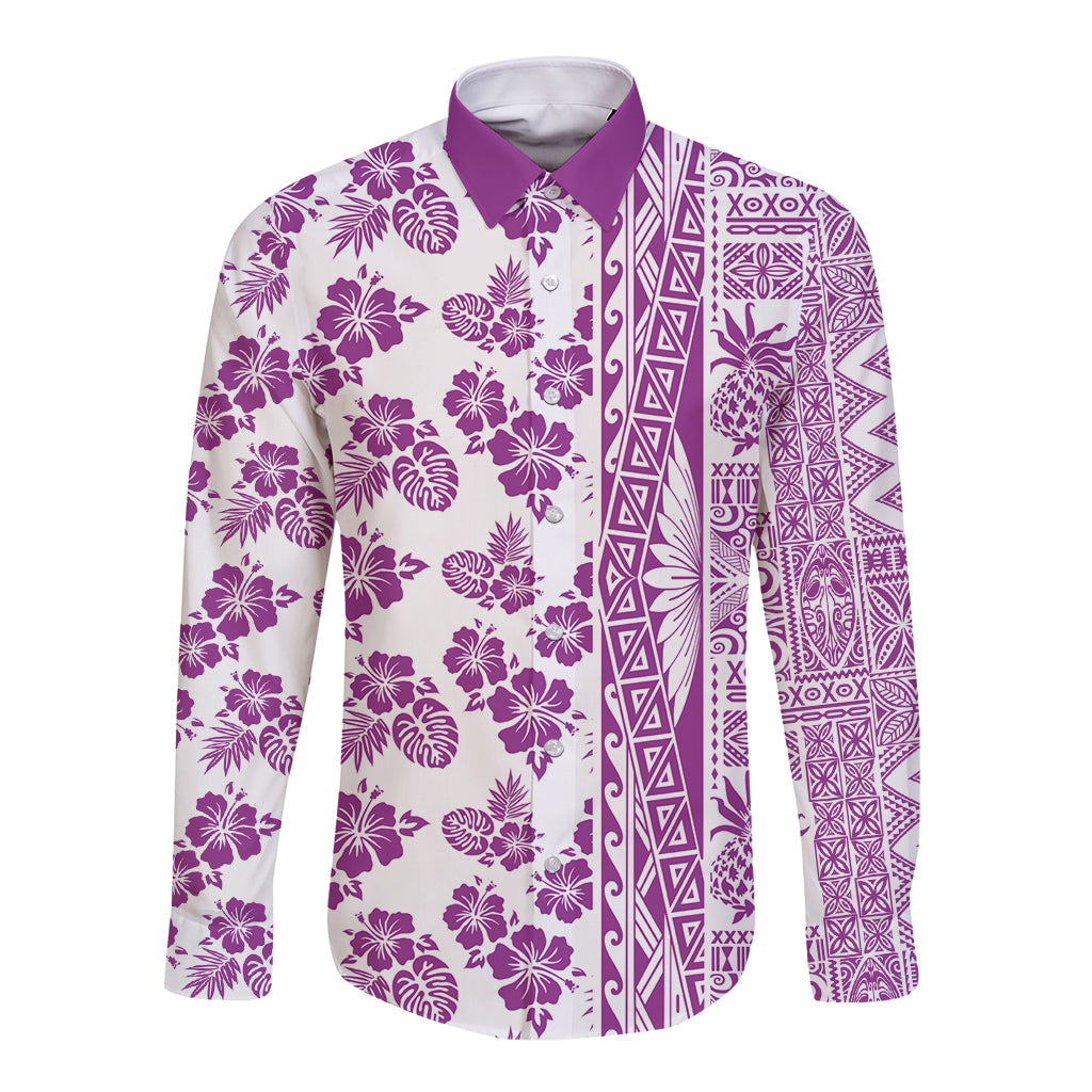 Hawaii Long Sleeve Button Shirt Aloha Tropical Plants Tribal Pattern Pink Version LT03 Unisex Pink - Polynesian Pride