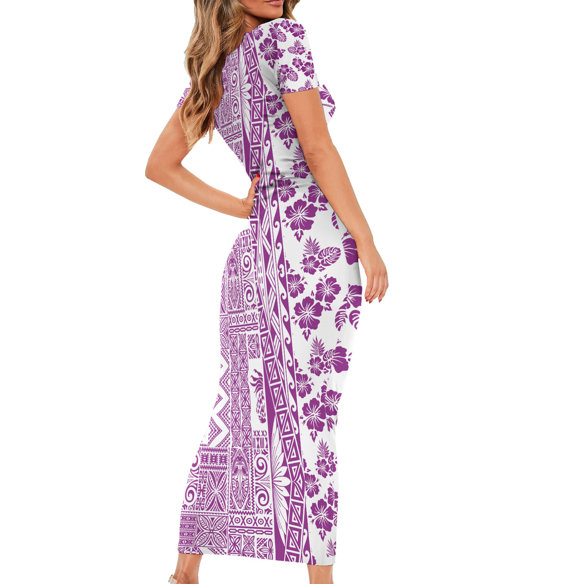 Hawaii Short Sleeve Bodycon Dress Aloha Tropical Plants Tribal Pattern Pink Version LT03 - Polynesian Pride