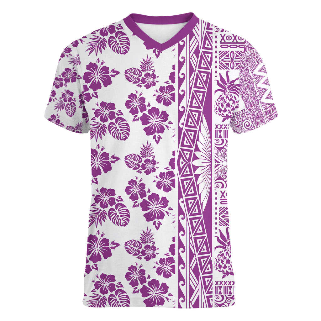 Hawaii Women V Neck T Shirt Aloha Tropical Plants Tribal Pattern Pink Version LT03 Female Pink - Polynesian Pride