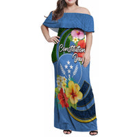 Kosrae Constitution Day Family Matching Off Shoulder Maxi Dress and Hawaiian Shirt Hibiscus Mix Maori Tattoo Pattern LT03 Mom's Dress Blue - Polynesian Pride