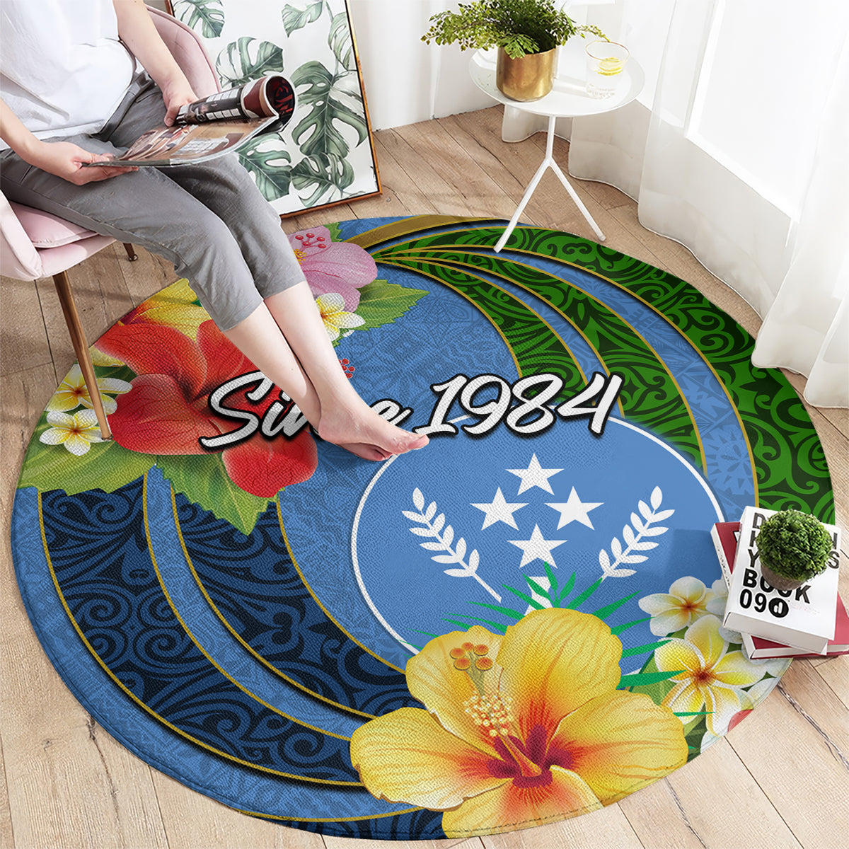 Kosrae Constitution Day Round Carpet Hibiscus Mix Maori Tattoo Pattern LT03 - Polynesian Pride