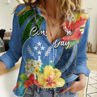Kosrae Constitution Day Women Casual Shirt Hibiscus Mix Maori Tattoo Pattern LT03 Female Blue - Polynesian Pride