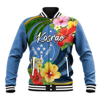 Kosrae Baseball Jacket Hibiscus Mix Maori Tattoo Pattern LT03 Unisex Blue - Polynesian Pride