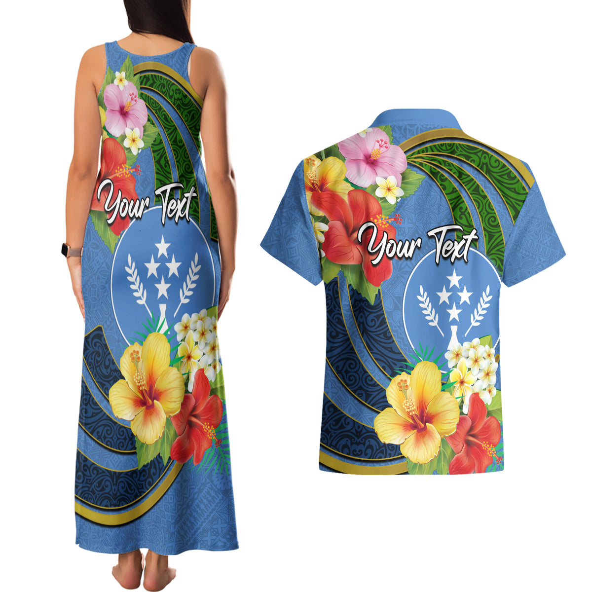 Kosrae Couples Matching Tank Maxi Dress and Hawaiian Shirt Hibiscus Mix Maori Tattoo Pattern LT03 - Polynesian Pride