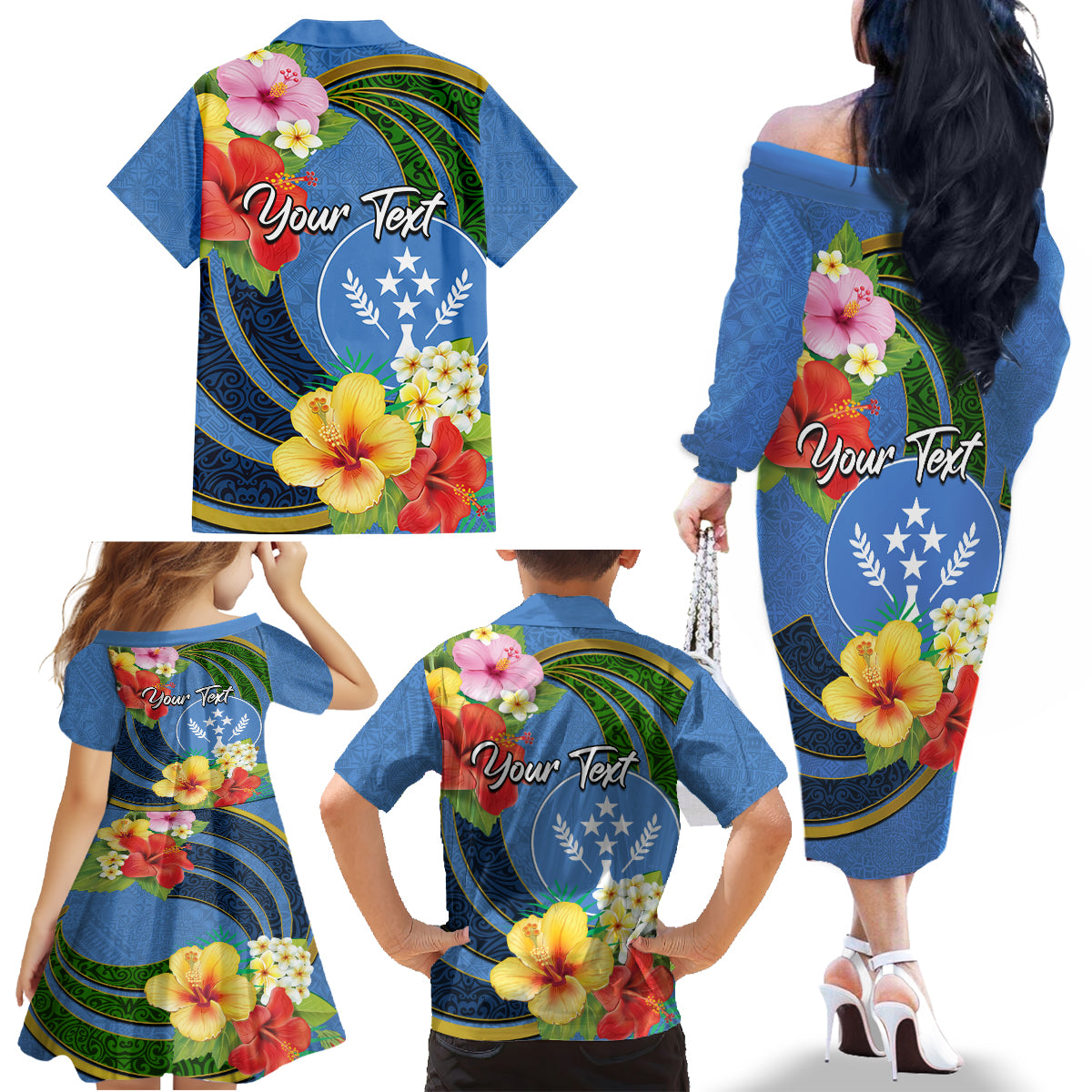 Kosrae Family Matching Off Shoulder Long Sleeve Dress and Hawaiian Shirt Hibiscus Mix Maori Tattoo Pattern LT03 - Polynesian Pride