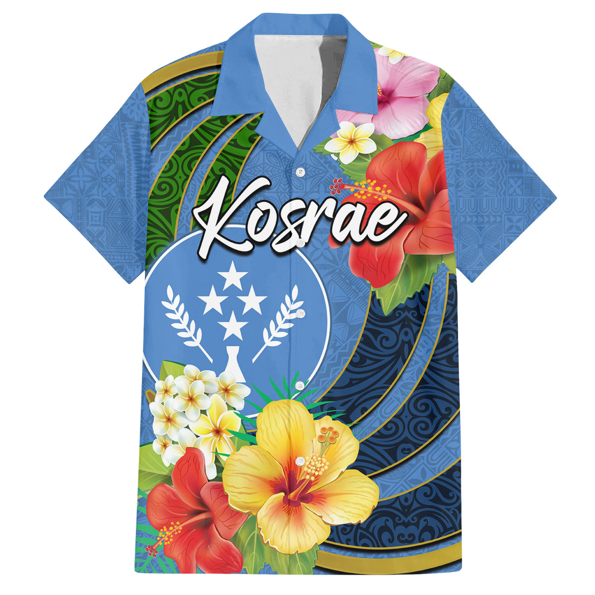 Kosrae Family Matching Off Shoulder Long Sleeve Dress and Hawaiian Shirt Hibiscus Mix Maori Tattoo Pattern LT03 Dad's Shirt - Short Sleeve Blue - Polynesian Pride