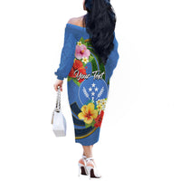 Kosrae Off The Shoulder Long Sleeve Dress Hibiscus Mix Maori Tattoo Pattern LT03 - Polynesian Pride