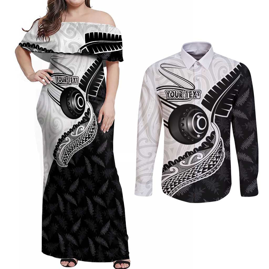 Personalised Aotearoa Lawn Bowls Couples Matching Off Shoulder Maxi Dress and Long Sleeve Button Shirt Maori and Silver Fern Half Style LT03 White - Polynesian Pride