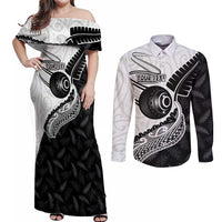 Personalised Aotearoa Lawn Bowls Couples Matching Off Shoulder Maxi Dress and Long Sleeve Button Shirt Maori and Silver Fern Half Style LT03 White - Polynesian Pride