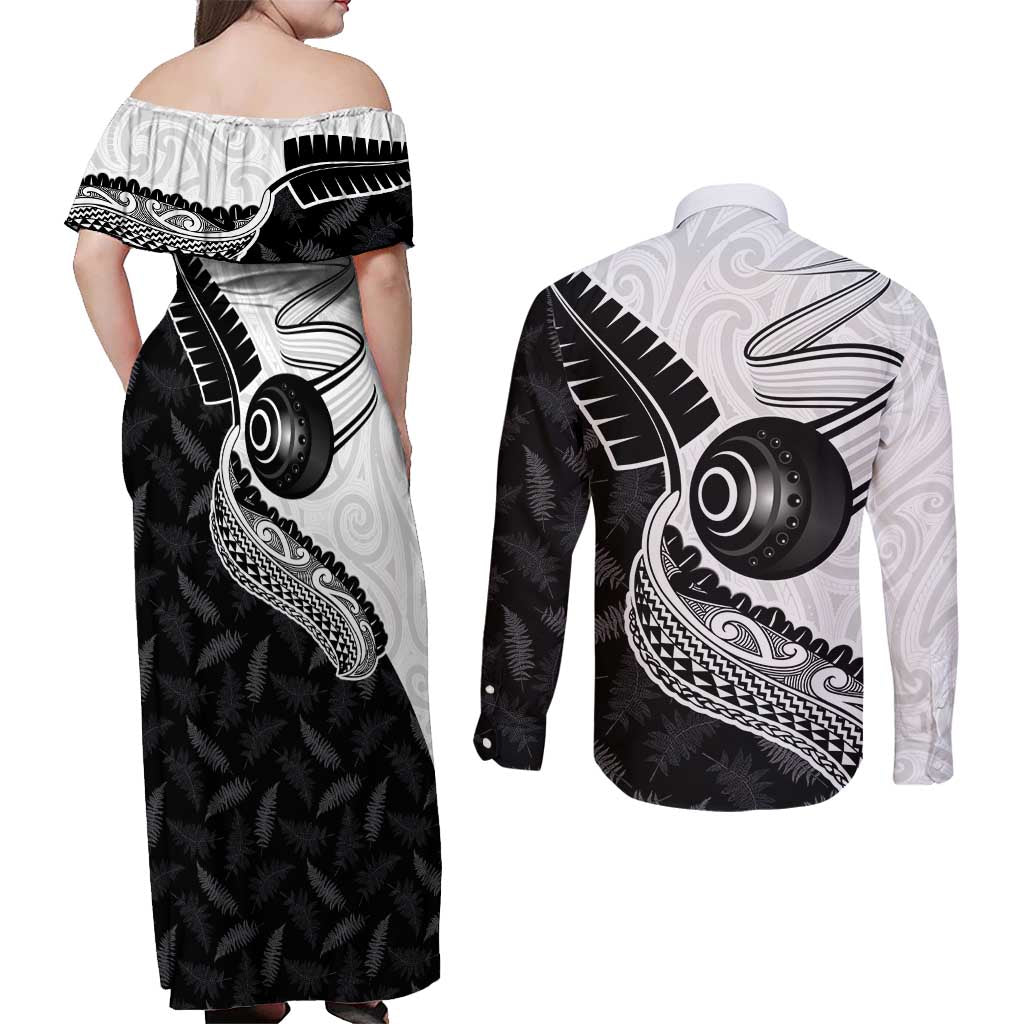 Personalised Aotearoa Lawn Bowls Couples Matching Off Shoulder Maxi Dress and Long Sleeve Button Shirt Maori and Silver Fern Half Style LT03 - Polynesian Pride