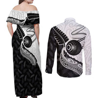 Personalised Aotearoa Lawn Bowls Couples Matching Off Shoulder Maxi Dress and Long Sleeve Button Shirt Maori and Silver Fern Half Style LT03 - Polynesian Pride