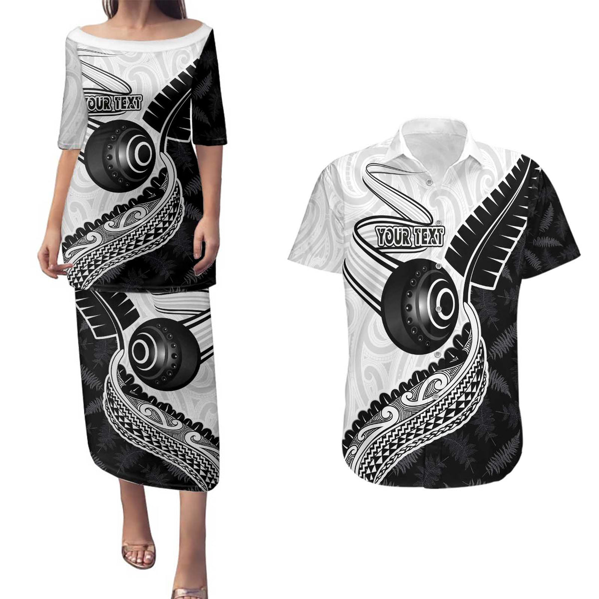 Personalised Aotearoa Lawn Bowls Couples Matching Puletasi and Hawaiian Shirt Maori and Silver Fern Half Style LT03 White - Polynesian Pride