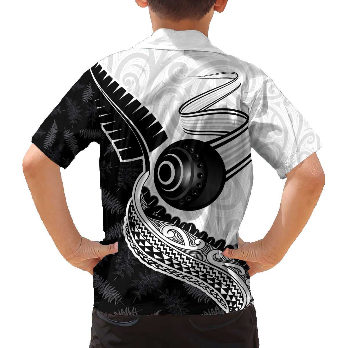 Personalised Aotearoa Lawn Bowls Family Matching Off The Shoulder Long Sleeve Dress and Hawaiian Shirt Maori and Silver Fern Half Style - Polynesian Pride