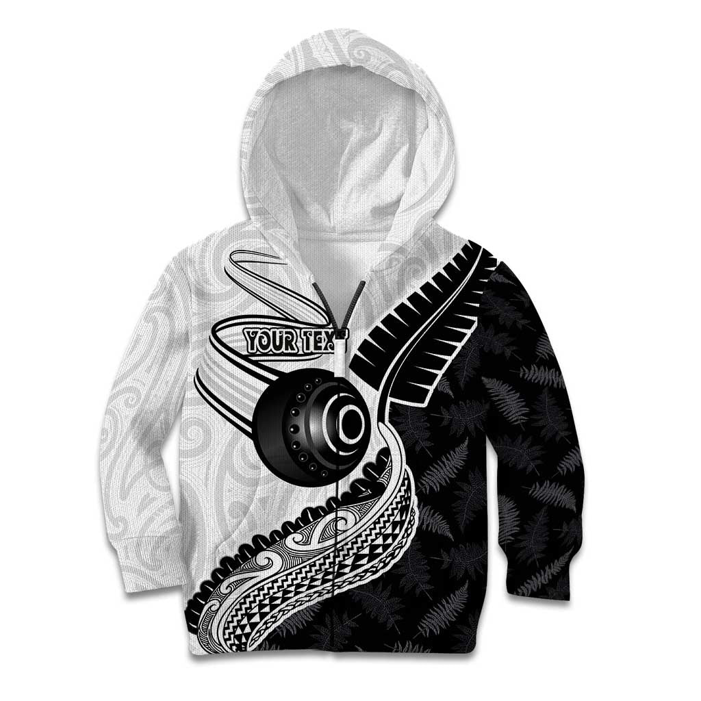 Personalised Aotearoa Lawn Bowls Kid Hoodie Maori and Silver Fern Half Style LT03 Zip Hoodie White - Polynesian Pride