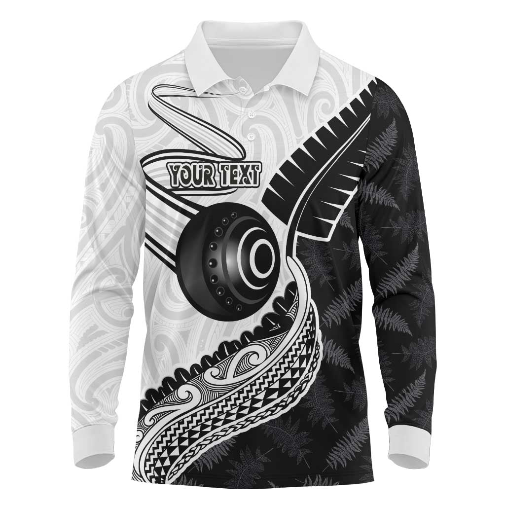 Personalised Aotearoa Lawn Bowls Long Sleeve Polo Shirt Maori and Silver Fern Half Style LT03 White - Polynesian Pride