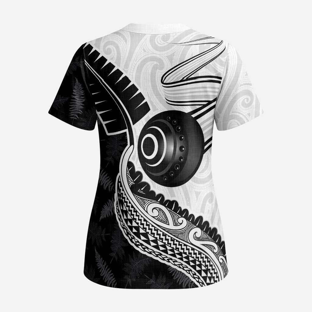 Personalised Aotearoa Lawn Bowls Scrub Top Maori and Silver Fern Half Style LT03 - Polynesian Pride