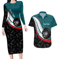 Personalised Aotearoa Lawn Bowls Couples Matching Long Sleeve Bodycon Dress and Hawaiian Shirt Maori and Silver Fern Sporty Style Teal Color - Polynesian Pride