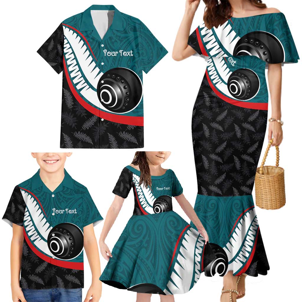 Personalised Aotearoa Lawn Bowls Family Matching Mermaid Dress and Hawaiian Shirt Maori and Silver Fern Sporty Style Teal Color LT03 - Polynesian Pride