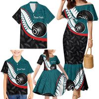 Personalised Aotearoa Lawn Bowls Family Matching Mermaid Dress and Hawaiian Shirt Maori and Silver Fern Sporty Style Teal Color LT03 - Polynesian Pride