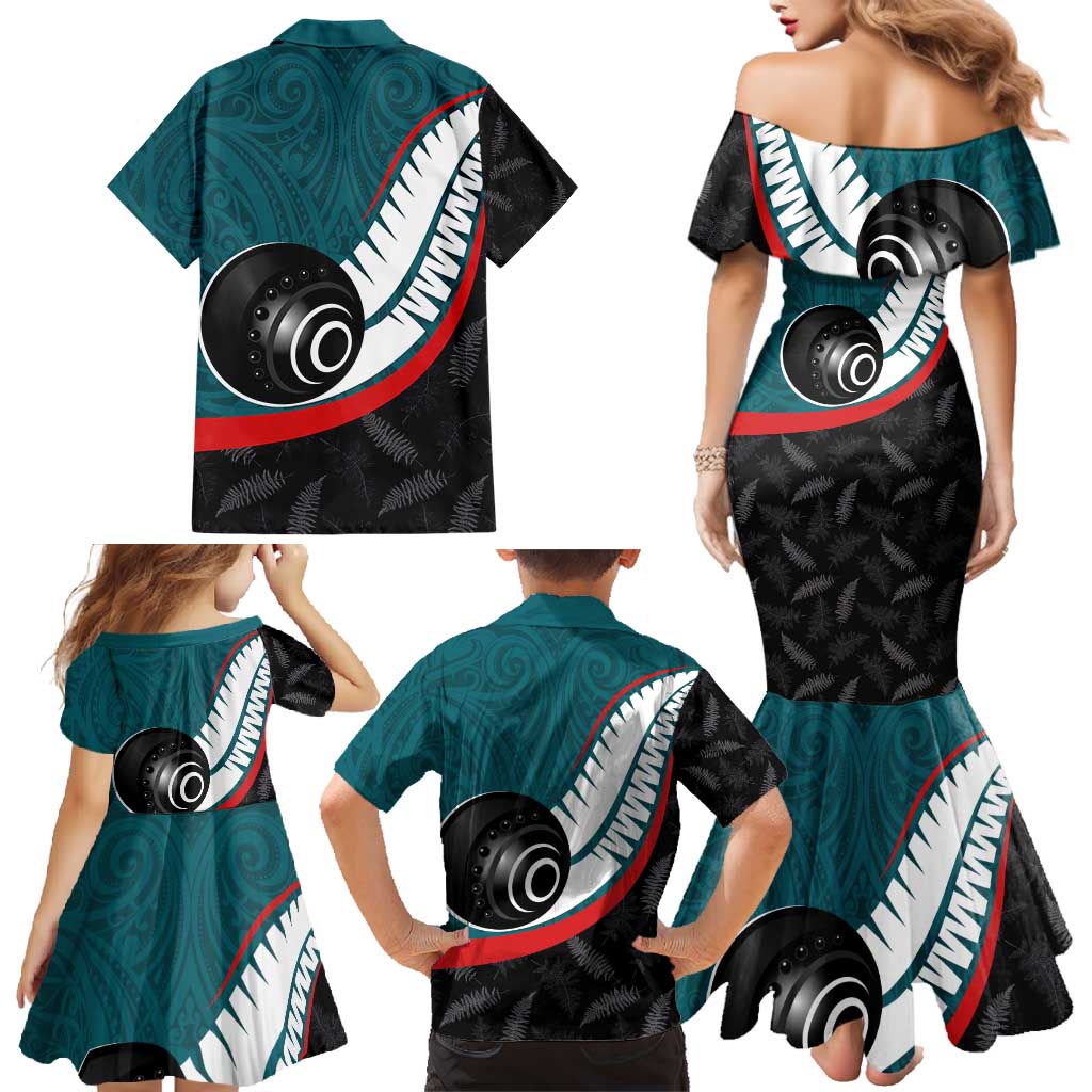 Personalised Aotearoa Lawn Bowls Family Matching Mermaid Dress and Hawaiian Shirt Maori and Silver Fern Sporty Style Teal Color LT03 - Polynesian Pride
