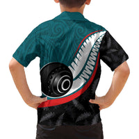 Personalised Aotearoa Lawn Bowls Family Matching Off The Shoulder Long Sleeve Dress and Hawaiian Shirt Maori and Silver Fern Sporty Style Teal Color LT03 - Polynesian Pride