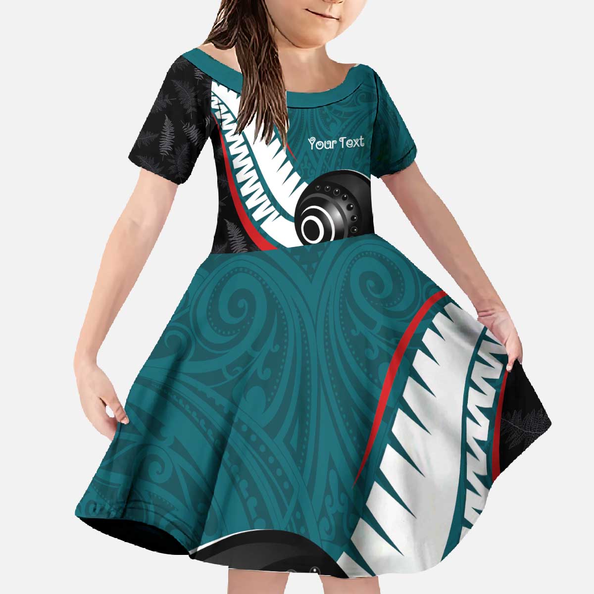 Personalised Aotearoa Lawn Bowls Family Matching Off The Shoulder Long Sleeve Dress and Hawaiian Shirt Maori and Silver Fern Sporty Style Teal Color LT03 Daughter's Dress Teal - Polynesian Pride
