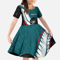 Personalised Aotearoa Lawn Bowls Family Matching Off The Shoulder Long Sleeve Dress and Hawaiian Shirt Maori and Silver Fern Sporty Style Teal Color LT03 Daughter's Dress Teal - Polynesian Pride