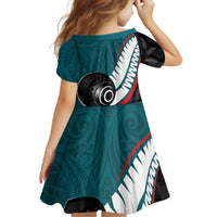 Personalised Aotearoa Lawn Bowls Family Matching Off The Shoulder Long Sleeve Dress and Hawaiian Shirt Maori and Silver Fern Sporty Style Teal Color LT03 - Polynesian Pride