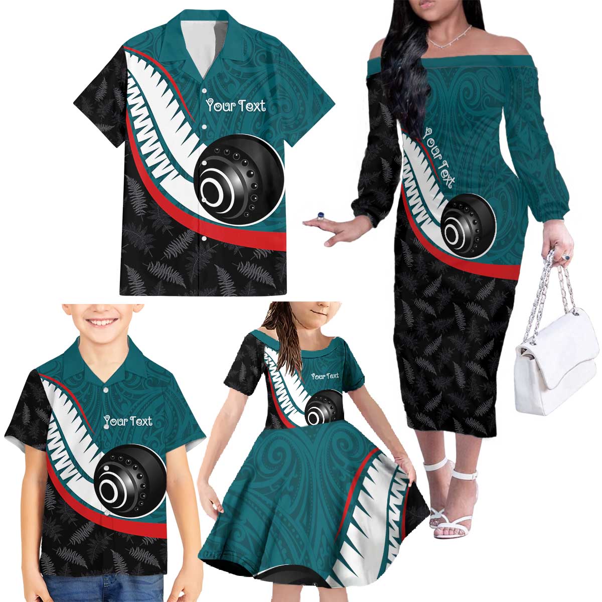 Personalised Aotearoa Lawn Bowls Family Matching Off The Shoulder Long Sleeve Dress and Hawaiian Shirt Maori and Silver Fern Sporty Style Teal Color LT03 - Polynesian Pride