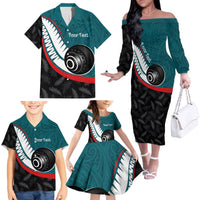 Personalised Aotearoa Lawn Bowls Family Matching Off The Shoulder Long Sleeve Dress and Hawaiian Shirt Maori and Silver Fern Sporty Style Teal Color LT03 - Polynesian Pride