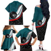 Personalised Aotearoa Lawn Bowls Family Matching Off The Shoulder Long Sleeve Dress and Hawaiian Shirt Maori and Silver Fern Sporty Style Teal Color LT03 - Polynesian Pride