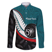 Personalised Aotearoa Lawn Bowls Family Matching Off The Shoulder Long Sleeve Dress and Hawaiian Shirt Maori and Silver Fern Sporty Style Teal Color LT03 Dad's Shirt - Long Sleeve Teal - Polynesian Pride