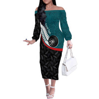 Personalised Aotearoa Lawn Bowls Family Matching Off The Shoulder Long Sleeve Dress and Hawaiian Shirt Maori and Silver Fern Sporty Style Teal Color LT03 Mom's Dress Teal - Polynesian Pride