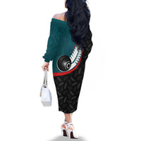 Personalised Aotearoa Lawn Bowls Family Matching Off The Shoulder Long Sleeve Dress and Hawaiian Shirt Maori and Silver Fern Sporty Style Teal Color LT03 - Polynesian Pride
