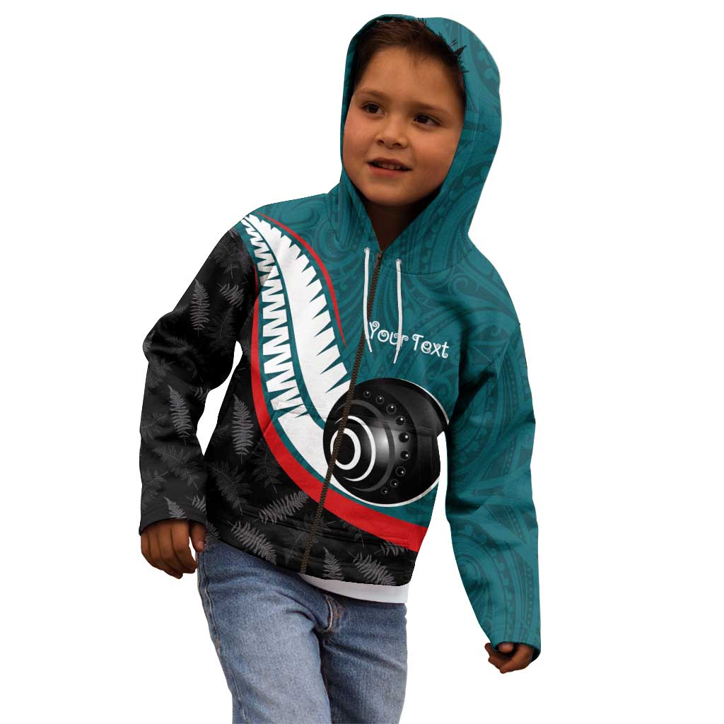 Personalised Aotearoa Lawn Bowls Kid Hoodie Maori and Silver Fern Sporty Style Teal Color - Polynesian Pride