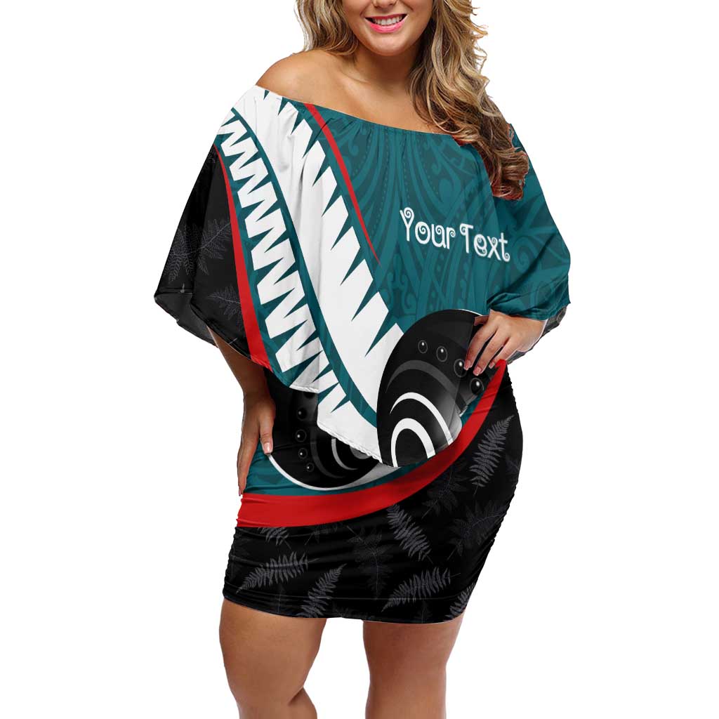 Personalised Aotearoa Lawn Bowls Off Shoulder Short Dress Maori and Silver Fern Sporty Style Teal Color - Polynesian Pride