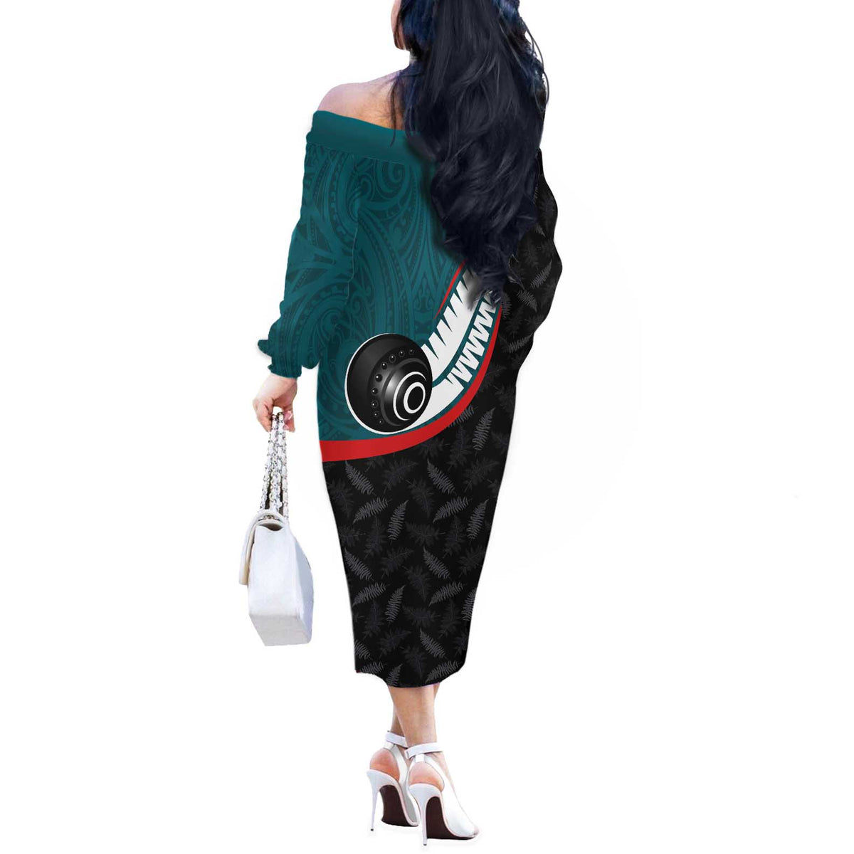 Personalised Aotearoa Lawn Bowls Off The Shoulder Long Sleeve Dress Maori and Silver Fern Sporty Style Teal Color - Polynesian Pride