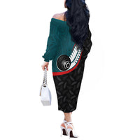 Personalised Aotearoa Lawn Bowls Off The Shoulder Long Sleeve Dress Maori and Silver Fern Sporty Style Teal Color - Polynesian Pride