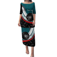 Personalised Aotearoa Lawn Bowls Puletasi Maori and Silver Fern Sporty Style Teal Color LT03 Long Dress Teal - Polynesian Pride