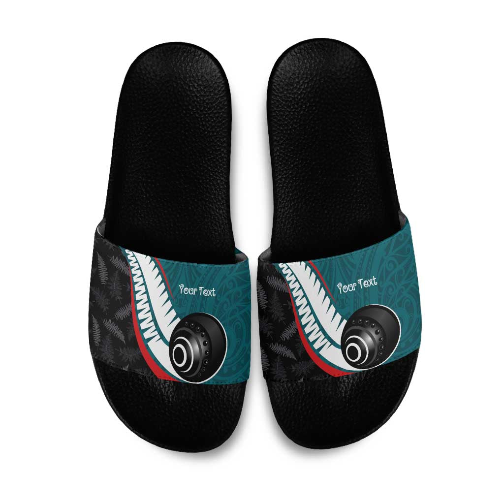 Personalised Aotearoa Lawn Bowls Slide Sandals Maori and Silver Fern Sporty Style Teal Color LT03 Teal - Polynesian Pride